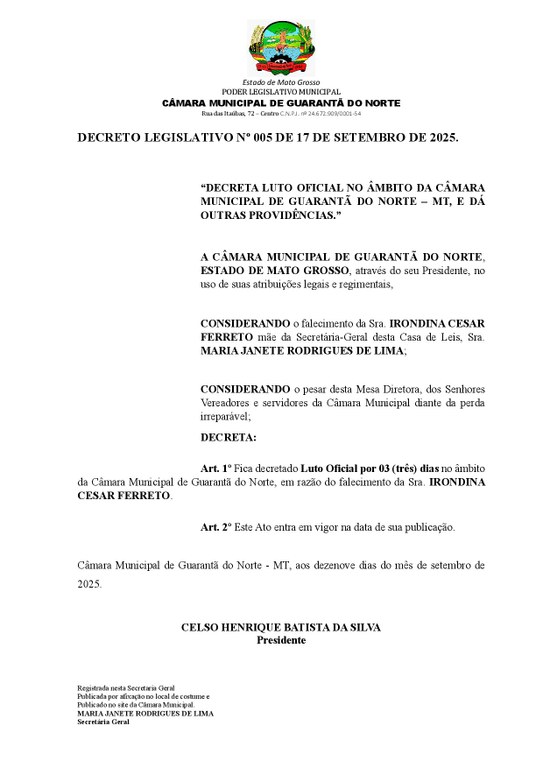 Decreto Legislativo nº 005-2025 - Decreta Luto Oficial no Âmbito da Câmara Munnicipal de Guarantã do Norte